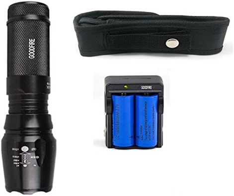 GOODFIRE NEW 5 Modes CREE XM-L T6 LED Bright 2000 Lumens Adjustable Focus Flashlight Torch Lamp Torch + 2PC 6800mAh Rechargable Battery + Dual Charger + Flashlight Holster