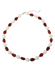 Sterling Silver White Fresh Water Cultured Pearl and Carnelian Necklace