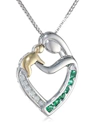 XPY Sterling Silver and 14k Yellow Gold Created Emerald and Diamond Mothers Jewel Heart Pendant Necklace (.06cttw, I-J Color, I3 Clarity), 18"