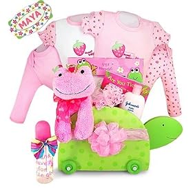 Tickled Pink Personalized Baby Girl Turtle Toy Chest Gift 12 Pc Basket