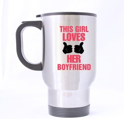 Sweet Romantic "THIS GIRL LOVES HER BOYFRIEND" Stainless Steel Travel Coffee/Tea Mugs Sliver 14 Ounce - Best Gifts For Christmas,New Years,Birthday,Festival And Valentine's Day