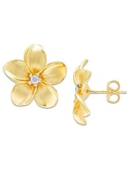 Plumeria Earrings with Diamonds in 14K Yellow Gold - 18mm