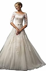 A-line Tulle Backless Applique Elbow Length Sleeves Full Length Wedding Dress  with a Brush/Sweep Train 