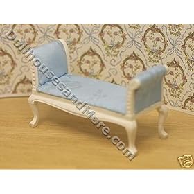 Handcarved White Settee with Pale Blue Satin Upholstery Dollhouse Miniature