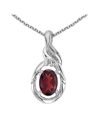 10k White Gold Oval Garnet And Diamond Pendant with 16" Chain