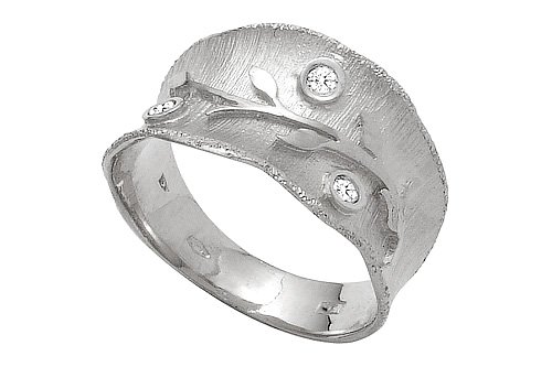 14K White Gold Hand-Crafted Matte-Finish Designer Ring, Enhanced with Bezel Set Diamonds.