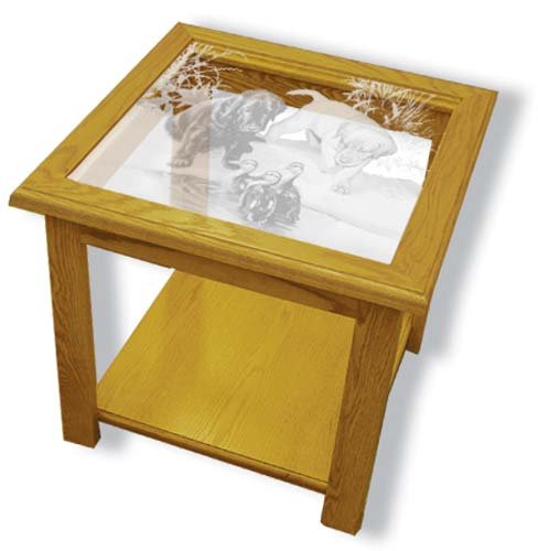 Oak Glass Top End Table With Lab Puppies Etched Glass - Lab Puppies End Table Furniture - Unique Lab Puppies Gift Ideas - Fully Assembled - 22" x 22" x 20" high