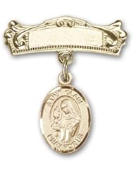 14K Gold Baby Badge with St. Clare of Assisi Charm and Arched Polished Badge Pin