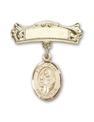 14kt Gold Baby Badge with St. Clare of Assisi Charm and Arched Polished Badge Pin. Catholic Saint Clare Patron Saint of Embroiderers, Eye Disorders, Television, Tv, Gliders, Gold, Goldsmith, Gold Workers, Good Weather, Laundry Workers, Needle Workers. Telegraphs, Telephones, Television Writers