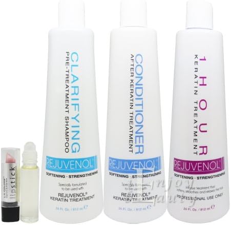 Rejuvenol Clarifying Pre-Treatment Shampoo & After Keratin Treatment Conditioner, 1 Hour treatment 24oz "SET" (w/ Lipstick/Roll-on Body Oil)
