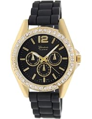 Geneva Platinum Womens 7846.BLACK.GOLD Black Rubber Quartz Watch with Black Dial