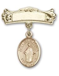 Gold Filled Baby Badge with Our Lady of Africa Charm and Arched Polished Badge Pin