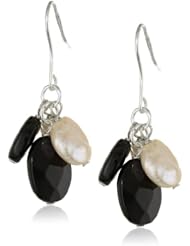 Sterling Silver Onyx and Freshwater Cultured Pearl Drop French Wire Earrings