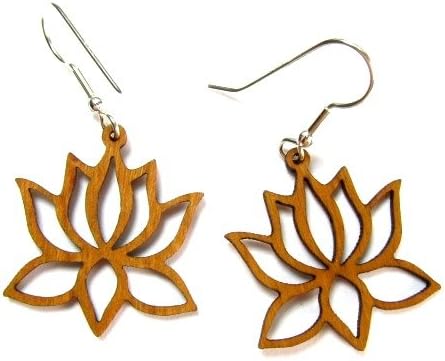 Genuine Organic Cherry Wood Hindu Lotus Flower Dangle Earrings