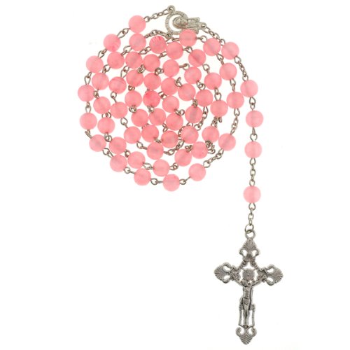 Pink Fiber Optic Rosary - 8mm Bead - Virgen Mary Centerpiece - Ornate Crucifix - 31'' Necklace, 22'' Overall Length