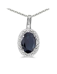 10k White Gold Oval Sapphire And Diamond Pendant with 16" Chain