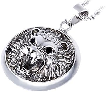 Men Stainless Steel Cool Lion Head Pendant with 24 Inch Long Braided Stainless Steel Chain Necklace (KP40168-TN)