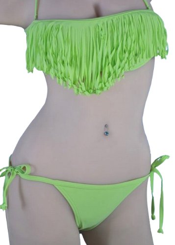 Hot Sexy Women's Tassel Padded Bandeau Fringe Bikini 2pcs Set Swimsuit Swimwear Fruit Green (S)