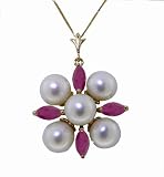 14k Solid Gold 18" Cluster Pearl Necklace with Rubies