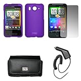 IMAGE OF EMPIRE Black Leather Case Pouch with Belt Clip and Belt Loops + Purple Rubberized Snap-On Cover Case + Screen Protector + Car Charger (CLA) for HTC Desire HD