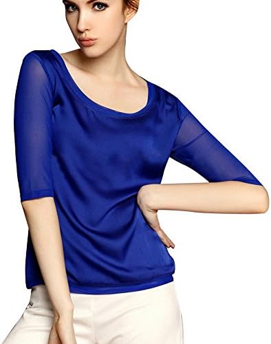 HONTA Short-Sleeve High-Low Essential Crochet-Trim Tee Solid Blouson Top Blue Medium