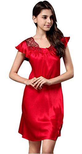 （ホンタ)HONTA　高品質100%シルクレディースガウン　半袖、衿と裾は 柔らかいのレースのナイトウエア、セクシーのワンピースタイプパジャマ、スリープドレス