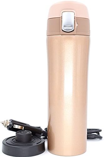 Samtech Stainless Steel Car Heated Travel Coffee Mug Thermos Electric Kettle Boiling Water Lid Lock, Leak Proof, 14 oz, Champagne