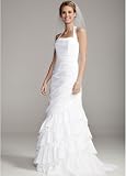 David's Bridal Satin Side Drape Gown with Tiered Skirt Style SAS1218