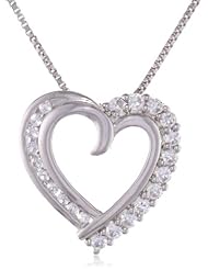 XPY Sterling Silver Created White Sapphire Heart Framed Pendant Necklace, 18"