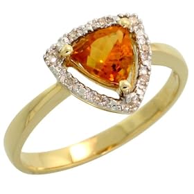 14k Gold Trillion Diamond Ring, w/ 0.04 Carat Brilliant Cut Diamonds & 0.68 Carat (5mm) Trilliant Cut Citrine Stone, 3/8" (10mm) wide