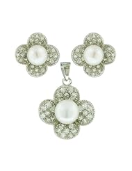 Sterling Silver White Freshwater Pearl with 4 Petal Pave Cubic Zirconia Flower Earring and Pendant Set 16 inches chain