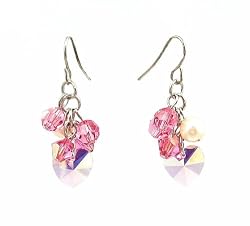 Earrings - E18 - Swarovski Crystal Heart & Pearl Cluster ~ Rose (Pink)