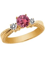 0.95 Ct Round Pink and White Diamond 18K Yellow Gold 3-Stone Ring