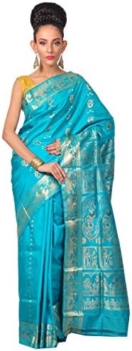 Ruprekha Fashion Women's Pure Silk Bengal Handloom Baluchari Free Size Saree Blue