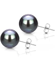 14k White Gold 9-10mm Black South Sea Tahitian Pearl High Luster Stud Earring Perfect Round