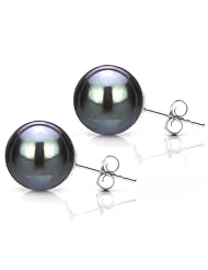 14k White Gold 10-11mm Hand-picked Perfect Round Black Genuine South Sea Tahitian Pearl High Luster Stud Earring. -Most Wanted Holiday Gift.