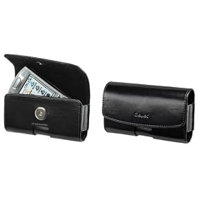 PREMIUM HORIZONAL SIDE EXECUTIVE BLACK OMEGA LEATHER CARRY CASE POUCH (With 2 Interchangable Belt Clips; 1 Rotating, 1 Stationary) for PALM TREO 600, 650, 680, 700, 700WX, 750, 755P, CENTRO 690 / HTC 8525 TYTN, 8925 TILT TYTN 2 / SAMSUNG SCH-i760 / HELIO PANTECH OCEAN - RETAIL PACKAGING