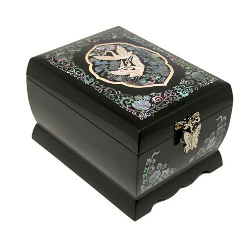 Mother of Pearl Asian Lacquer Wooden Black Bird Music Jewelry Case Trinket Keepsake Treasure Gift Box Organizer with Crane Design