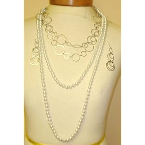 Genuine Silver Plated Two Strand Circles Medium Chain Necklace Earrings Very Long Shown Two Strand...