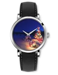 SPRAWL Aanalog Fashion Series Silver Ladies Watches of Genuine Black Leather Strap,Unique Wrist Watch for Women Girls Designed with Christmas Tree in the Snow