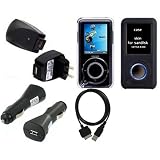 Skque Sandisk Sansa E200 Series Plastic Hard Crystal Clear Case + Black Silicone Skin Case + USB Straight Data Cable + USB Car Charger + USB Wall Charger Bundle Kit Set