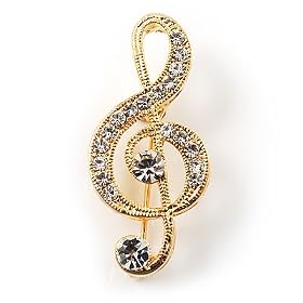 Small Gold Tone Crystal Music Treble Clef Brooch