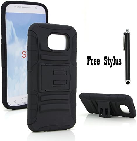 The Little Penguin Samsung Galaxy S6 Armor Protective Case - Shock &amp; Bump-proof Armor Hybrid Case with Built-in Kickstand for Samsung Galaxy S6 &amp; Stylus Pen + Fishbone Earphone Cord Organizer bundles (Kickstand Case - Black and Green) (Kickstand Case - Black)