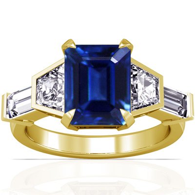 14K Yellow Gold Emerald Cut Blue Sapphire Ring With Sidestones (GIA Certificate)