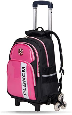 Pu Waterproof School Bag with Three Wheeled Trolley Hand Detachable Double Use Backpack for Pupils (Magenta)