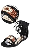 Topnotch02 Fringe Ankle Beaded Sandals BLACK
