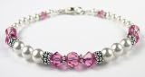 October Birthstone: Deep Rose (Pink Opal or Pink Tourmaline) Birthstone Bracelets: Swarovski Crystal Beaded Pearl Bracelets in Sterling Silver