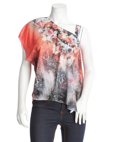 Bebe 2b One-Shoulder Asymmetric Print Top RED FLORAL COMBO Size X-Small