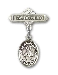 Sterling Silver Baby Badge with Our Lady of San Juan Charm and Godchild Badge Pin