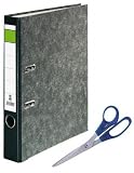 Produkt-Bild: 5 DIN A4 Ordner Wolkenmarmor -schmal- 5cm R&uuml;cken -schwarz- Blauer Engel, gratis Zugabe: B&uuml;roschere Edelstahl 25,5cm iceblau